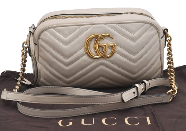 Authentic GUCCI GG Marmont Chain Shoulder Cross Body Bag Leather White 2123I