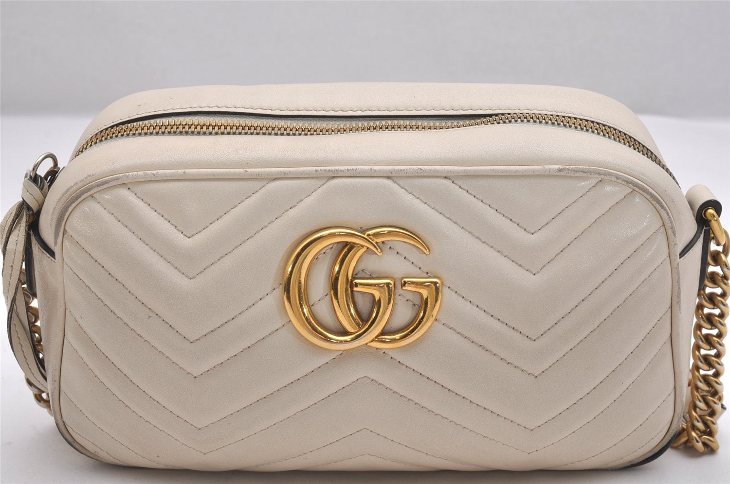 Authentic GUCCI GG Marmont Chain Shoulder Cross Body Bag Leather White 2123I