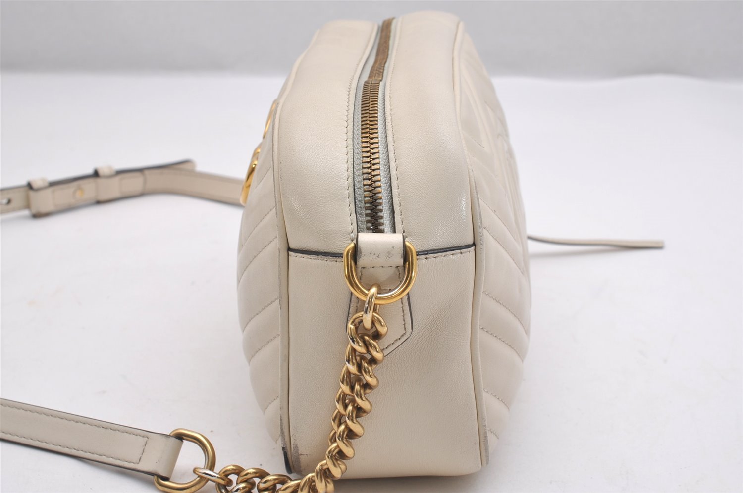 Authentic GUCCI GG Marmont Chain Shoulder Cross Body Bag Leather White 2123I