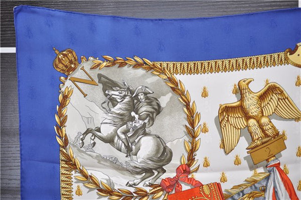 Authentic HERMES Carre 90 Scarf "NAPOLEON" Silk Blue Box 2128G