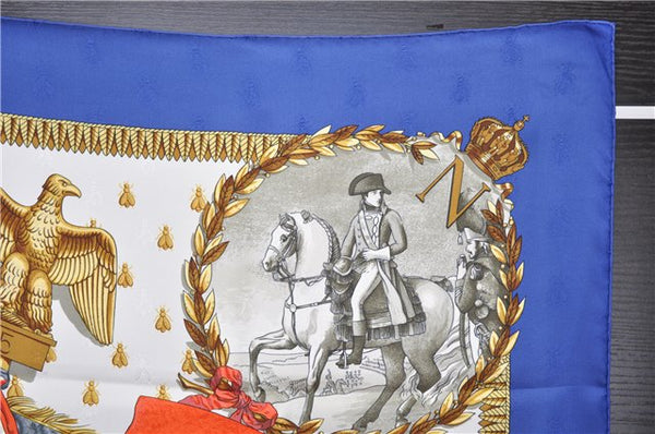 Authentic HERMES Carre 90 Scarf "NAPOLEON" Silk Blue Box 2128G