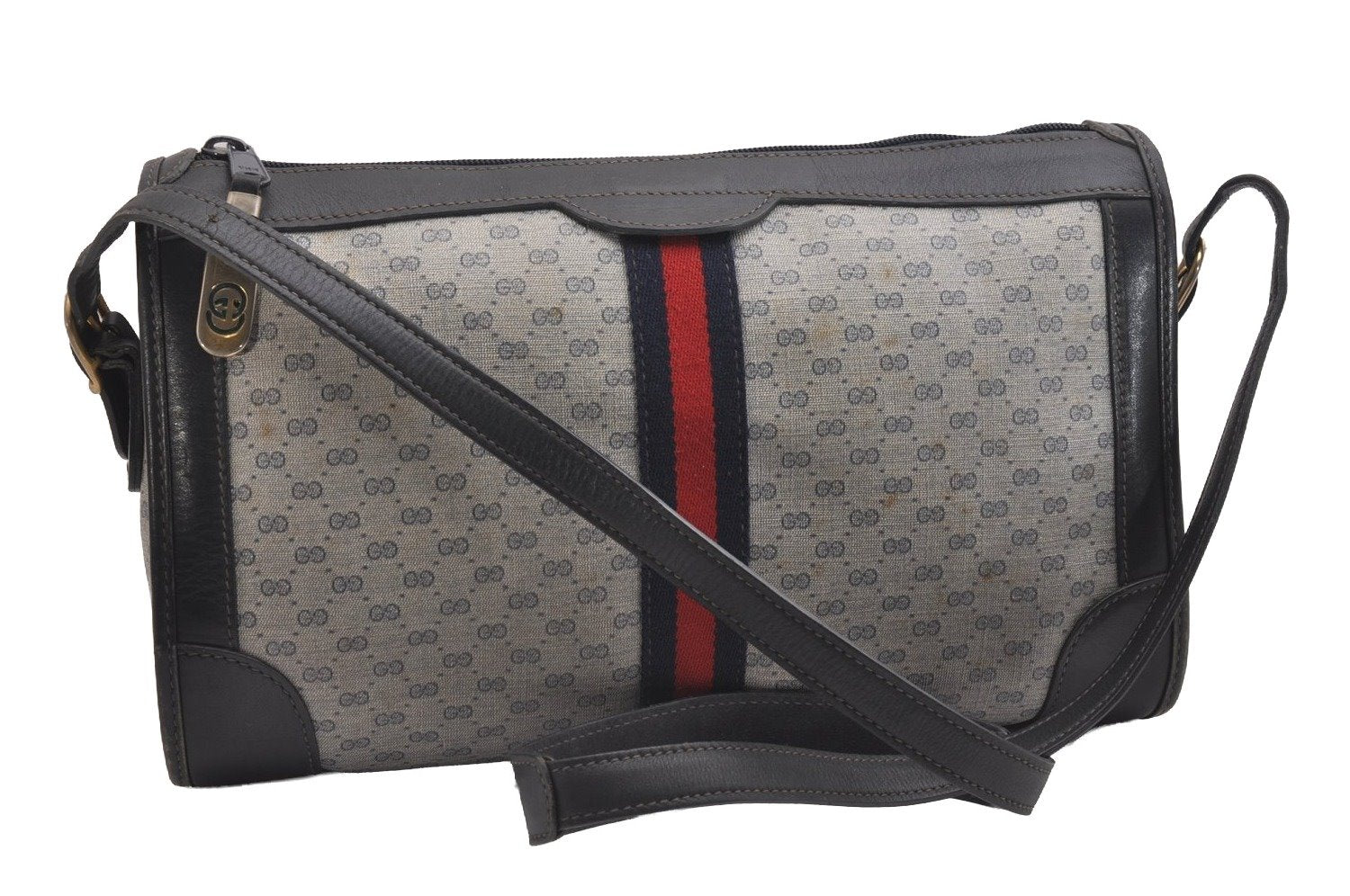 Authentic GUCCI Sherry Line Micro GG Shoulder Bag PVC Leather Navy Junk 2128I
