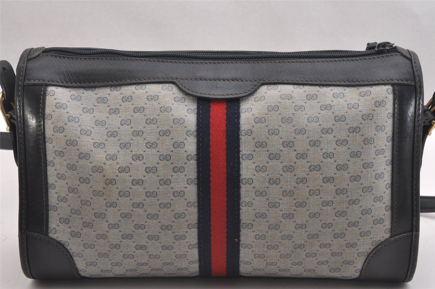 Authentic GUCCI Sherry Line Micro GG Shoulder Bag PVC Leather Navy Junk 2128I