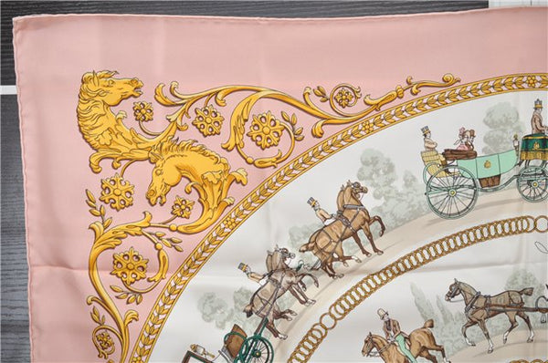 Auth HERMES Carre 90 Scarf "LA PROMENADE DE LONGCHAMPS " Silk Pink Box 2129G