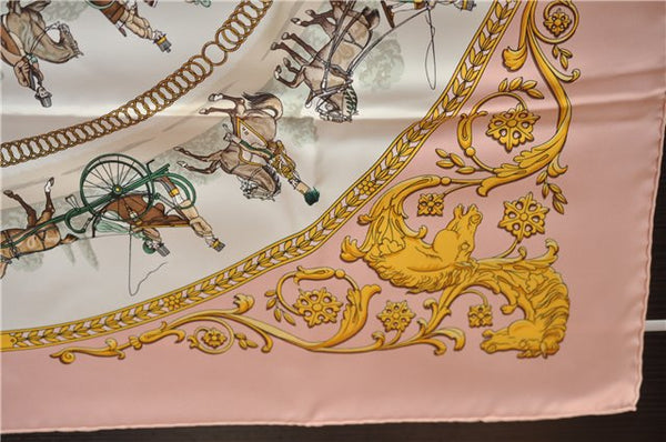 Auth HERMES Carre 90 Scarf "LA PROMENADE DE LONGCHAMPS " Silk Pink Box 2129G