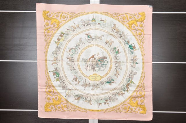 Auth HERMES Carre 90 Scarf "LA PROMENADE DE LONGCHAMPS " Silk Pink Box 2129G