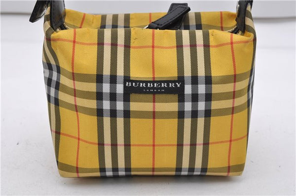 Authentic BURBERRY Check Hand Bag Pouch Purse Nylon Leather Yellow 2130G