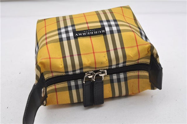 Authentic BURBERRY Check Hand Bag Pouch Purse Nylon Leather Yellow 2130G