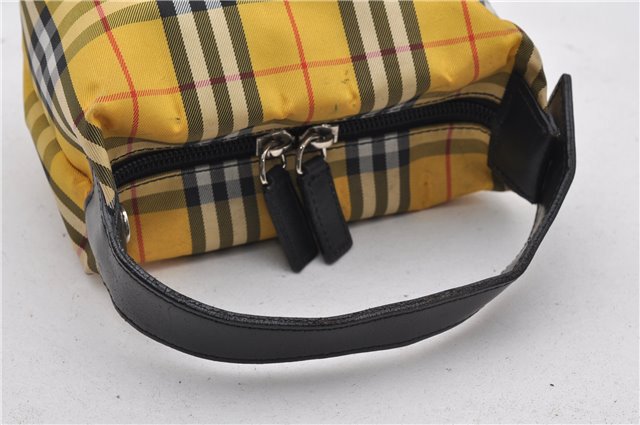 Authentic BURBERRY Check Hand Bag Pouch Purse Nylon Leather Yellow 2130G