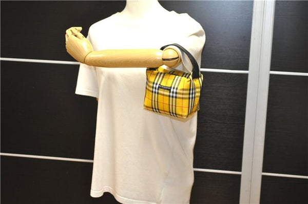 Authentic BURBERRY Check Hand Bag Pouch Purse Nylon Leather Yellow 2130G