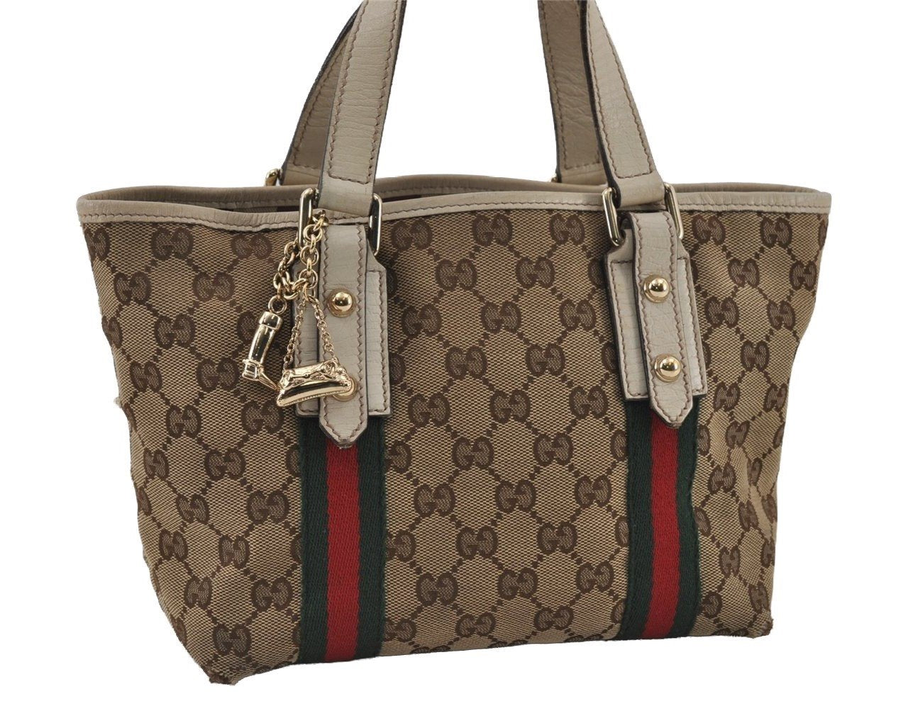 Authentic GUCCI Web Sherry Line Tote Bag GG Canvas Leather 139261 Brown 2130I