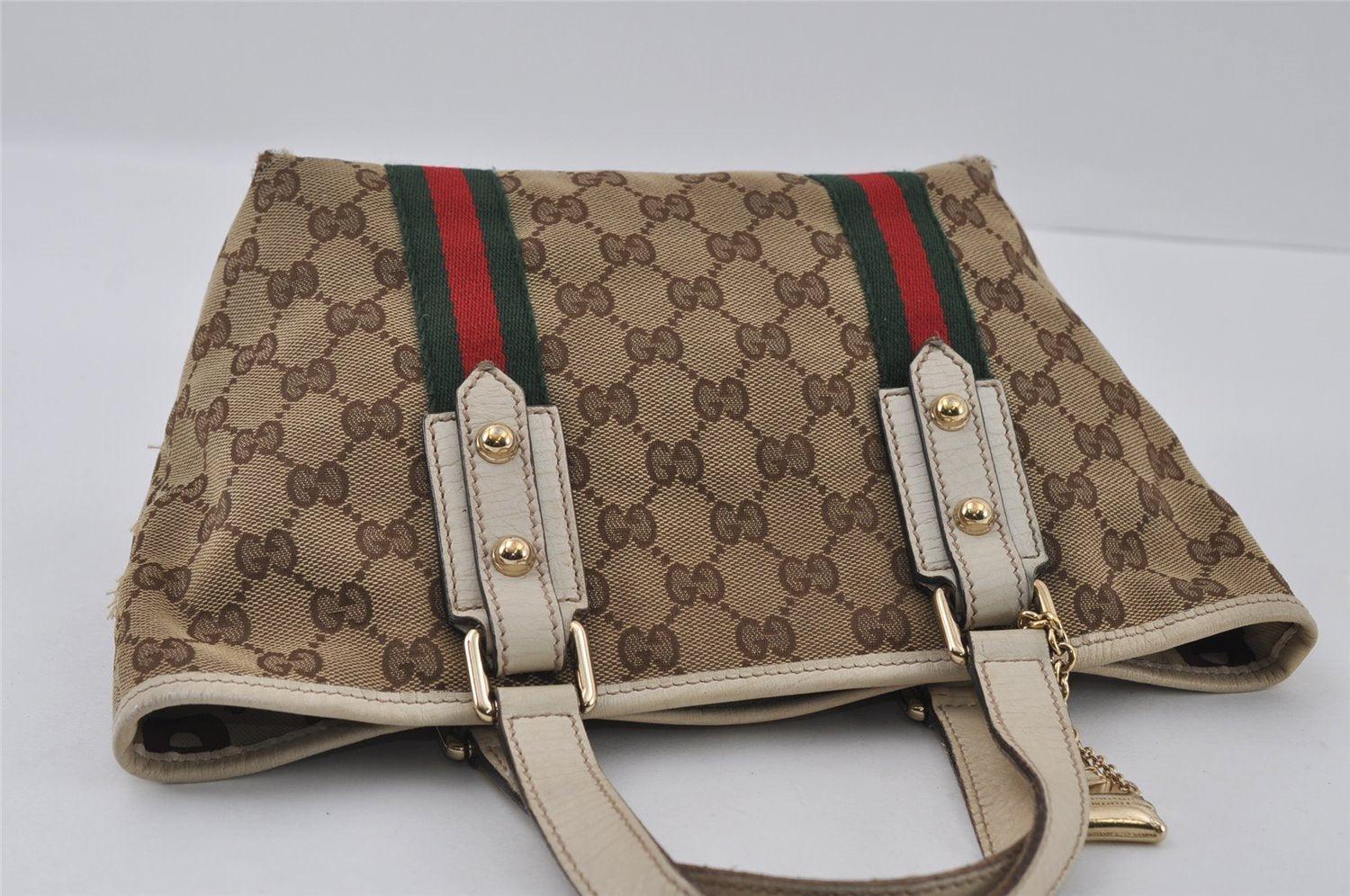 Authentic GUCCI Web Sherry Line Tote Bag GG Canvas Leather 139261 Brown 2130I