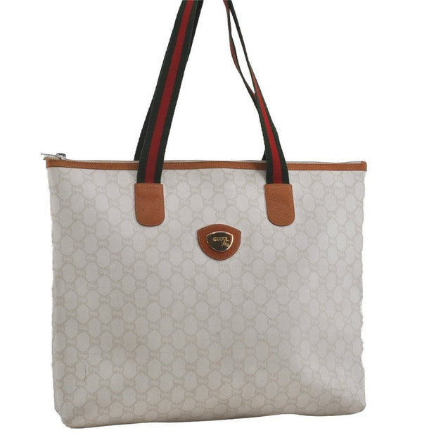 Authentic GUCCI Web Sherry Line GG Plus Tote Bag PVC Leather White 2134I