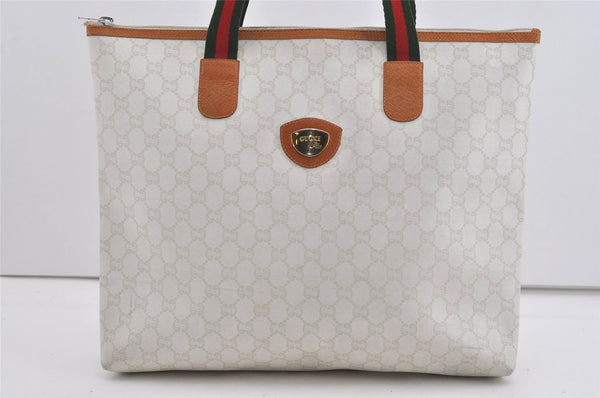 Authentic GUCCI Web Sherry Line GG Plus Tote Bag PVC Leather White 2134I