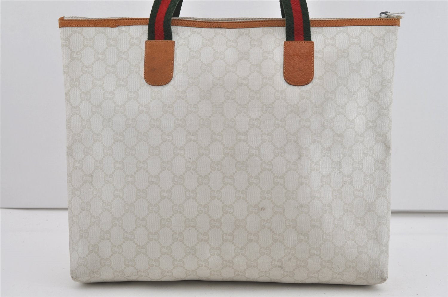 Authentic GUCCI Web Sherry Line GG Plus Tote Bag PVC Leather White 2134I