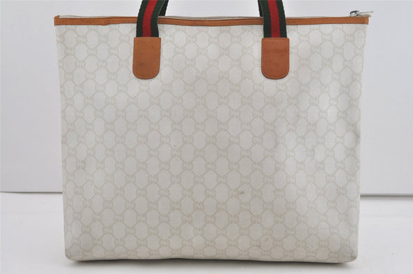 Authentic GUCCI Web Sherry Line GG Plus Tote Bag PVC Leather White 2134I