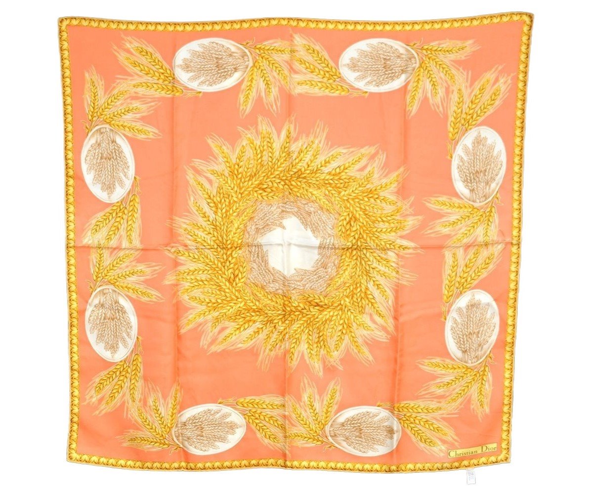 Authentic Christian Dior Scarf Wheat Motif Silk Beige Yellow 2137I