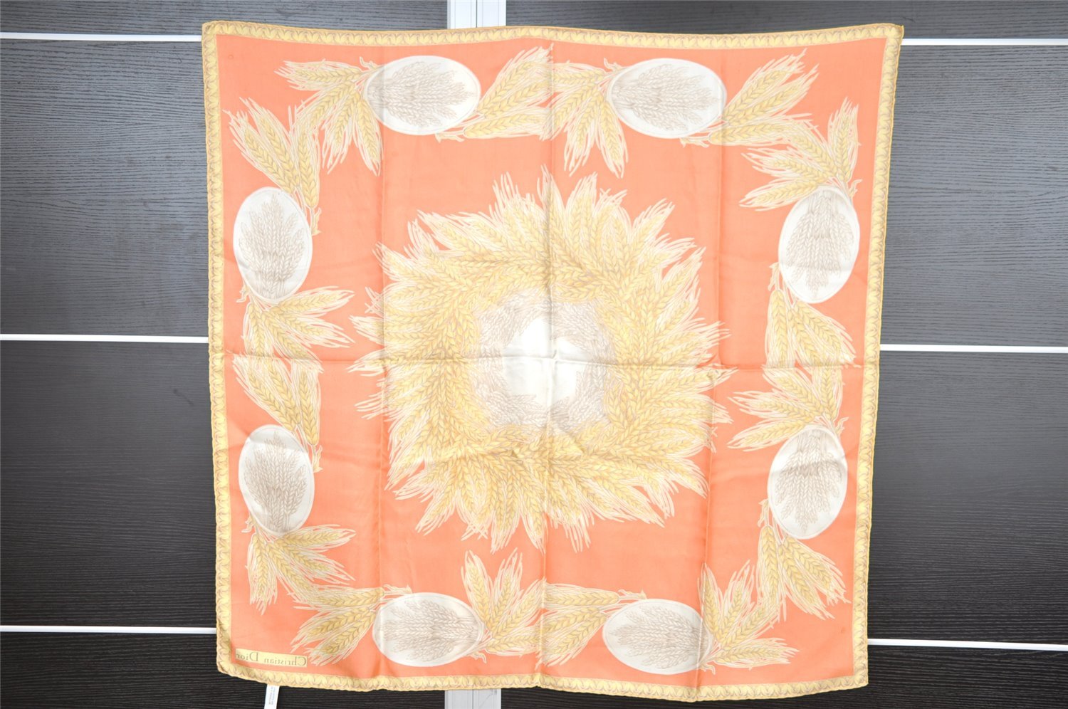 Authentic Christian Dior Scarf Wheat Motif Silk Beige Yellow 2137I