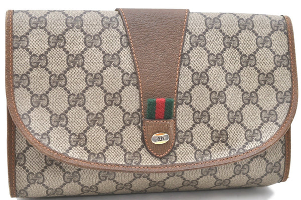 Authentic GUCCI Web Sherry Line Clutch Hand Bag Purse GG PVC Leather Brown 2139D