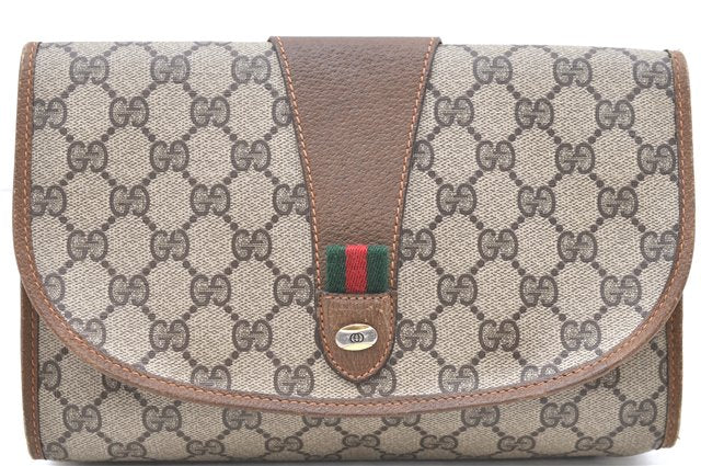 Authentic GUCCI Web Sherry Line Clutch Hand Bag Purse GG PVC Leather Brown 2139D