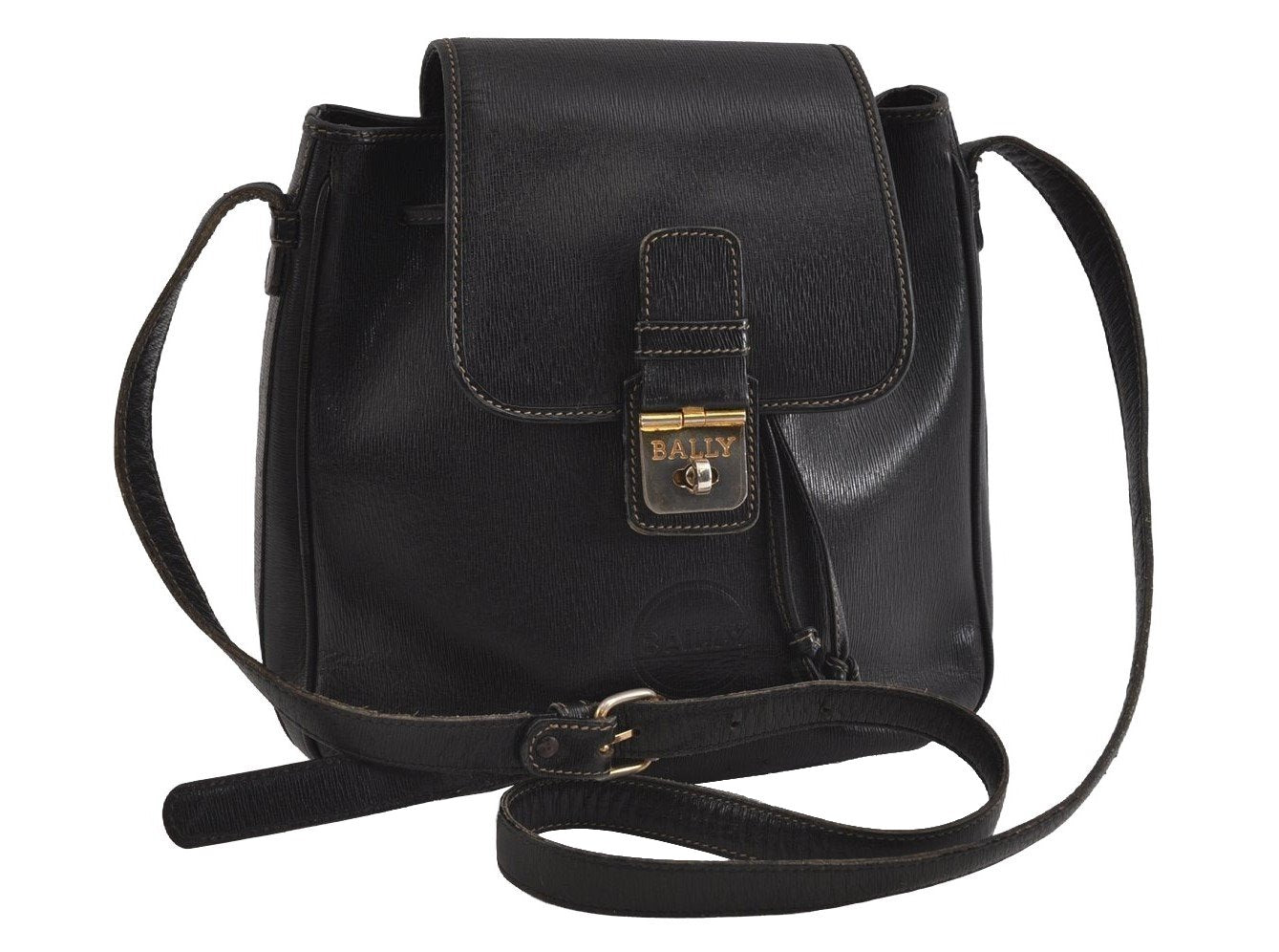 Authentic BALLY Leather Drawstring Shoulder Cross Body Bag Purse Black 2140I