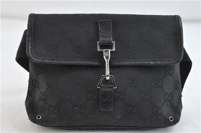 Authentic GUCCI Waist Body Bag Purse GG Canvas Leather 92543 Black 2145D