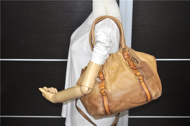 Authentic PRADA Leather 2Way Shoulder Hand Tote Bag Beige Brown 2147D