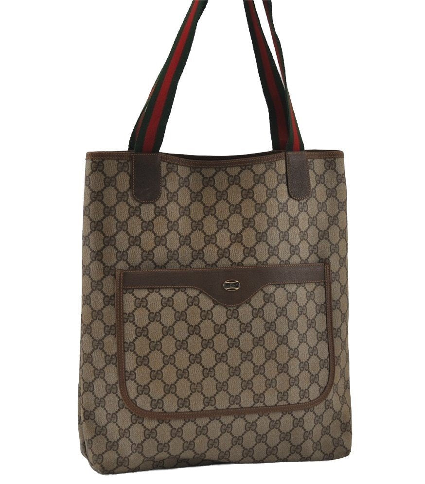 Authentic GUCCI Web Sherry Line Shoulder Tote Bag GG PVC Leather Brown 2147I