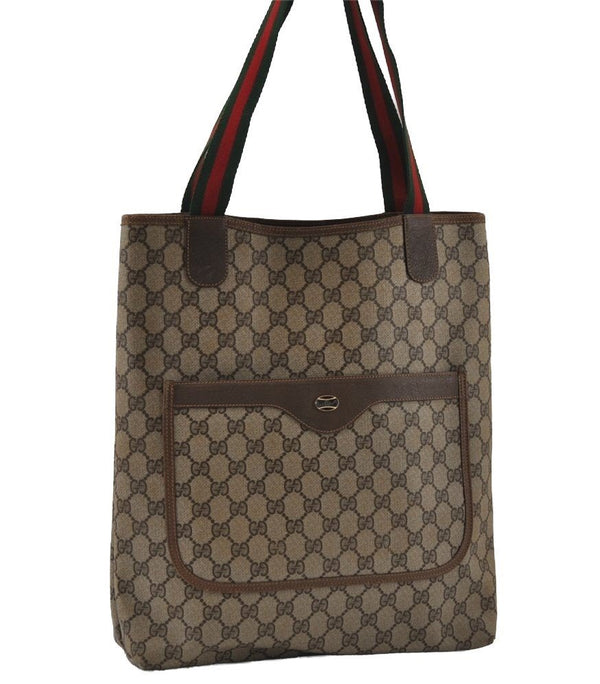 Authentic GUCCI Web Sherry Line Shoulder Tote Bag GG PVC Leather Brown 2147I