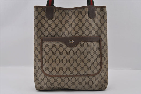 Authentic GUCCI Web Sherry Line Shoulder Tote Bag GG PVC Leather Brown 2147I