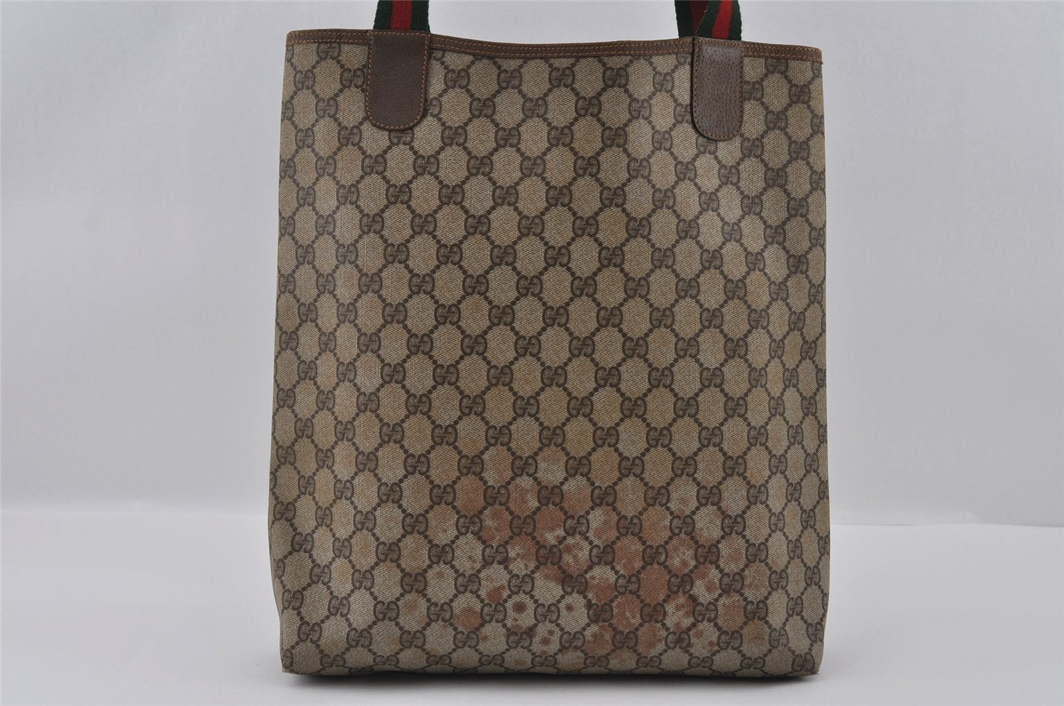 Authentic GUCCI Web Sherry Line Shoulder Tote Bag GG PVC Leather Brown 2147I