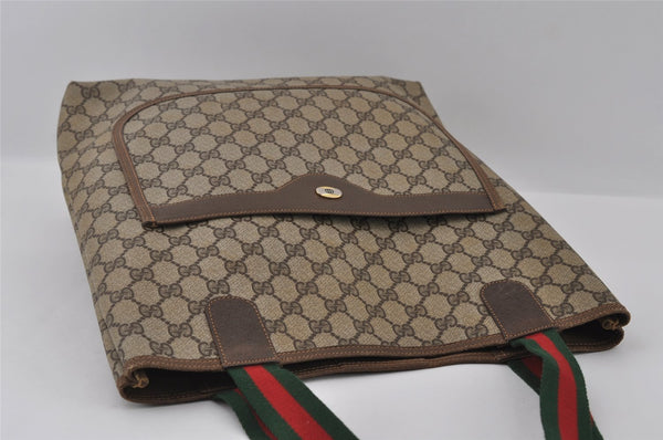 Authentic GUCCI Web Sherry Line Shoulder Tote Bag GG PVC Leather Brown 2147I