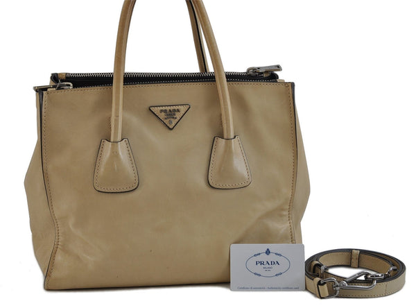 Authentic PRADA GLACE'CALF Leather 2Way Shoulder Hand Bag BN2619 Beige 2148D