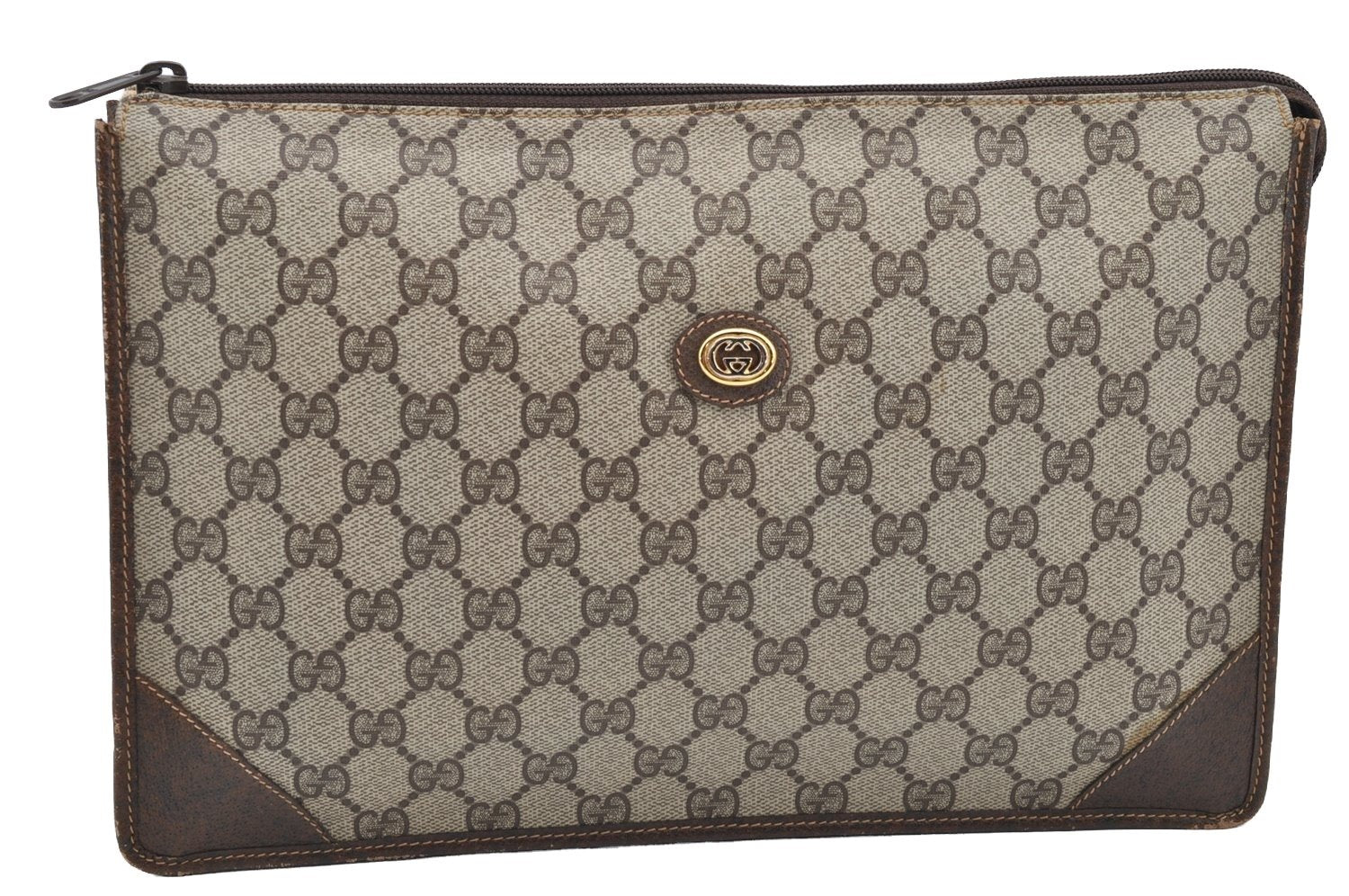Authentic GUCCI Vintage Clutch Hand Bag Purse GG PVC Leather Brown 2149I