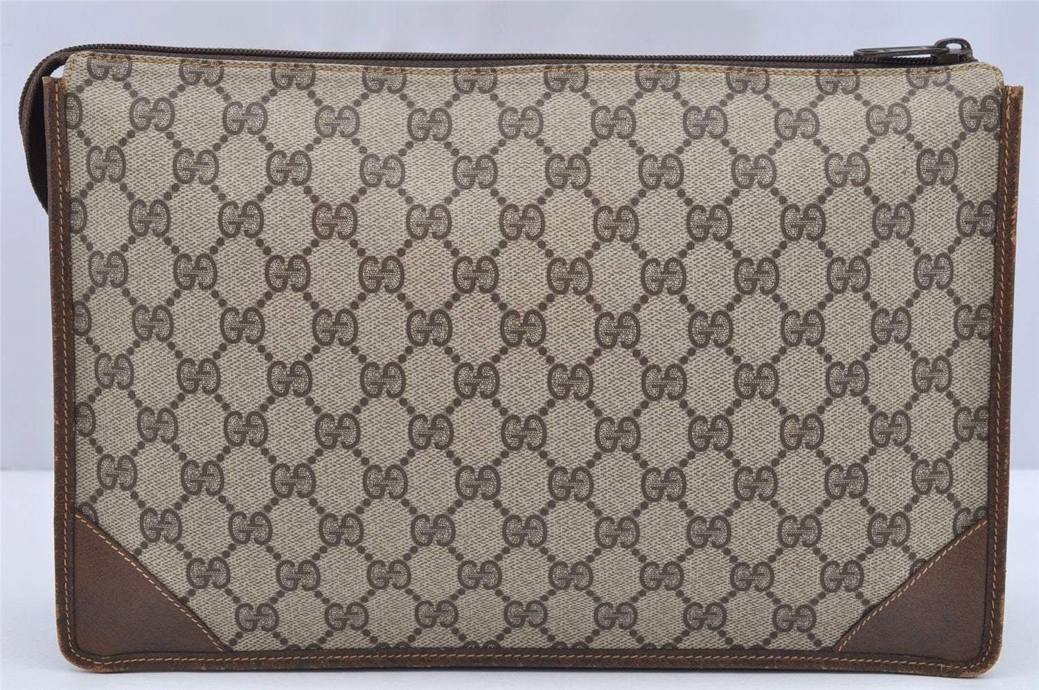 Authentic GUCCI Vintage Clutch Hand Bag Purse GG PVC Leather Brown 2149I