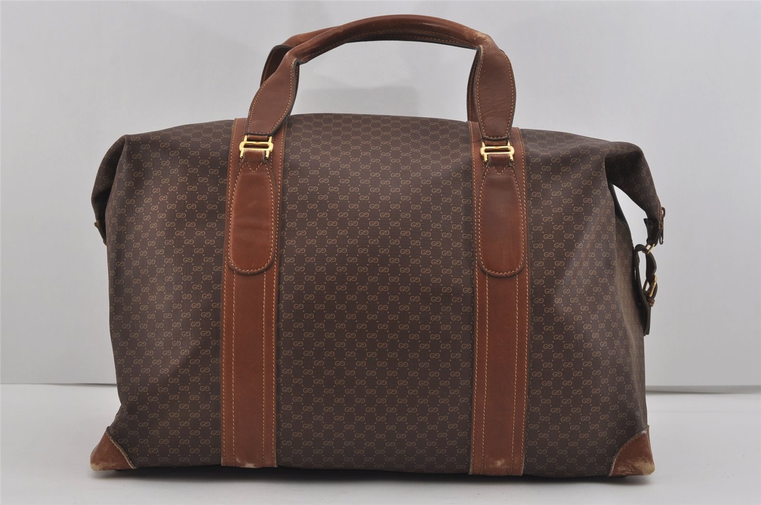 Authentic GUCCI Vintage Micro GG PVC Leather Travel Boston Hand Bag Brown 2151I