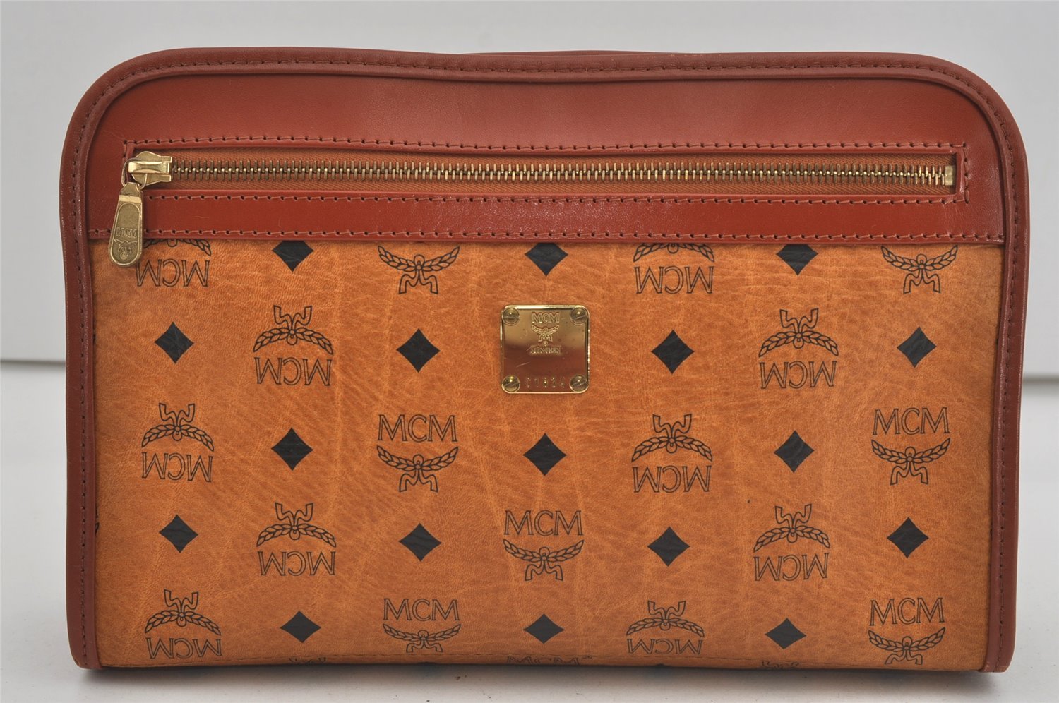 Authentic MCM Vintage Visetos Leather Clutch Hand Bag Purse Brown 2157I