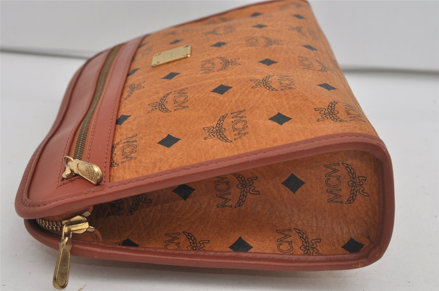 Authentic MCM Vintage Visetos Leather Clutch Hand Bag Purse Brown 2157I