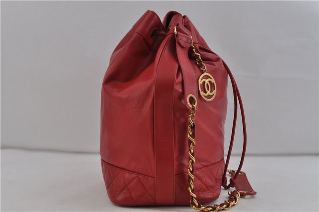 Authentic CHANEL Lamb Skin Matelasse Chain Shoulder Cross Body Bag Red CC 2161D