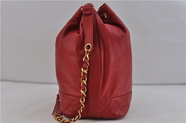 Authentic CHANEL Lamb Skin Matelasse Chain Shoulder Cross Body Bag Red CC 2161D