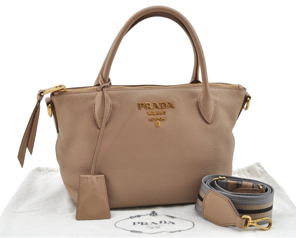 Authentic PRADA Leather Nappa 2Way Shoulder Cross Body Hand Bag Beige 2162I