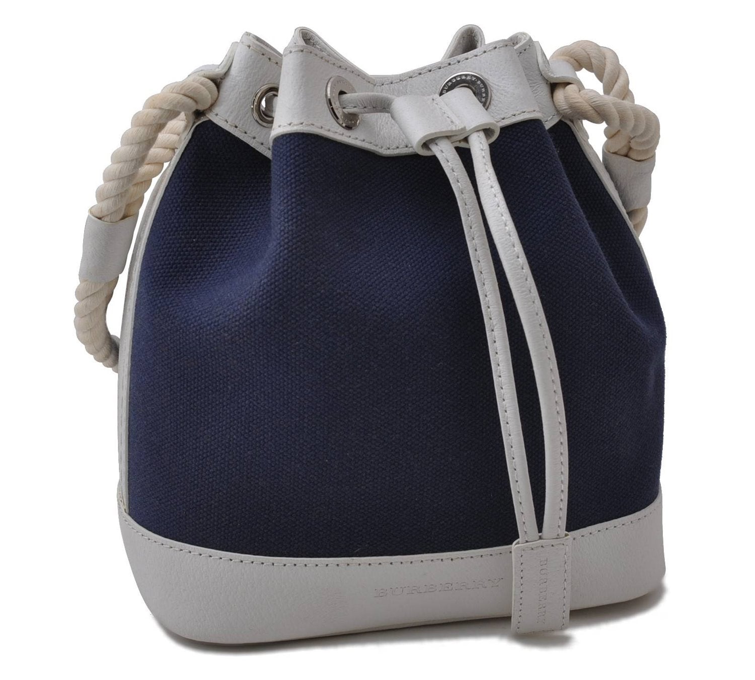 Auth BURBERRY Vintage Canvas Leather Shoulder Drawstring Bag Blue White 2163D