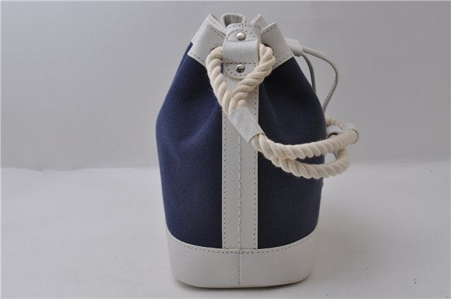 Auth BURBERRY Vintage Canvas Leather Shoulder Drawstring Bag Blue White 2163D