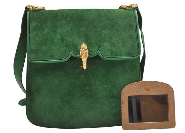 Authentic GUCCI Animalier Tiger Shoulder Crossbody Bag Suede Leather Green 2163I