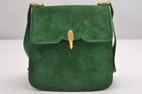 Authentic GUCCI Animalier Tiger Shoulder Crossbody Bag Suede Leather Green 2163I