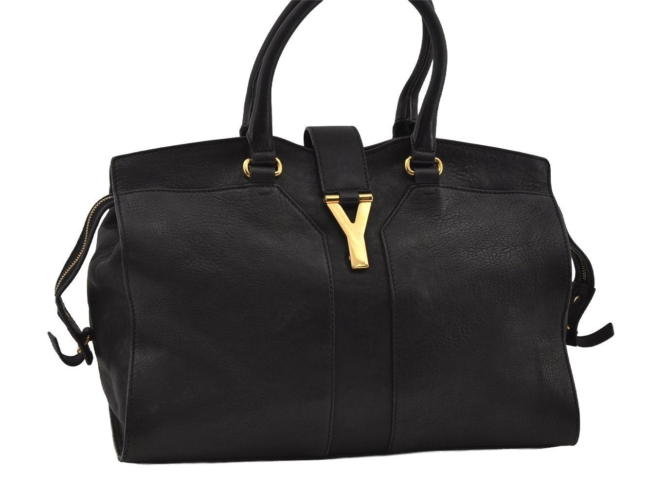 Authentic YVES SAINT LAURENT Cabas Shyc Hand Tote Bag Leather 279079 Black 2166I