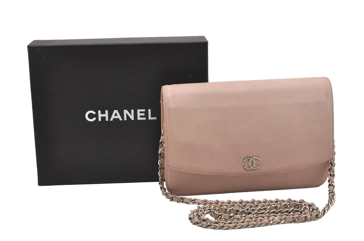 Authentic CHANEL Caviar Skin CC Logo Chain Shoulder Long Wallet Pink Box 2168I