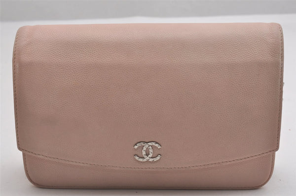 Authentic CHANEL Caviar Skin CC Logo Chain Shoulder Long Wallet Pink Box 2168I