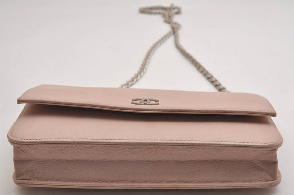 Authentic CHANEL Caviar Skin CC Logo Chain Shoulder Long Wallet Pink Box 2168I