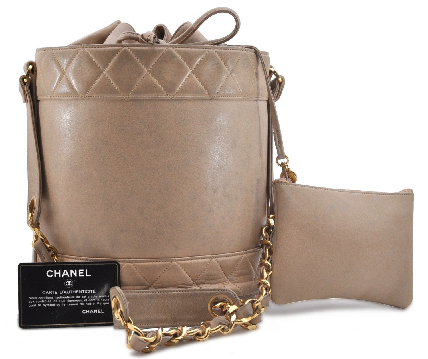 Authentic CHANEL Lamb Skin Matelasse Bucket Type Chain Shoulder Bag Beige 2169D